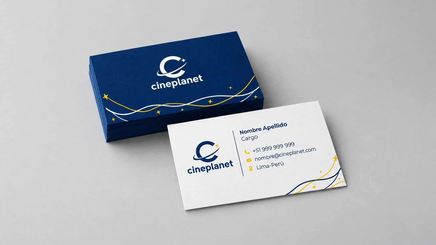 Tarjetas corporativas azules y blancas con detalles amarillos