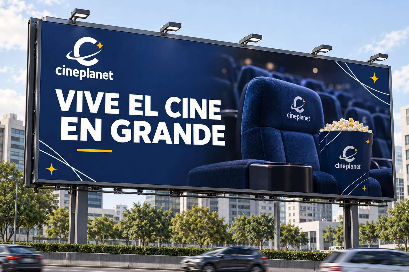 Valla publicitaria Cineplanet con butaca azul, canchita y el mensaje Vive el cine en grande
