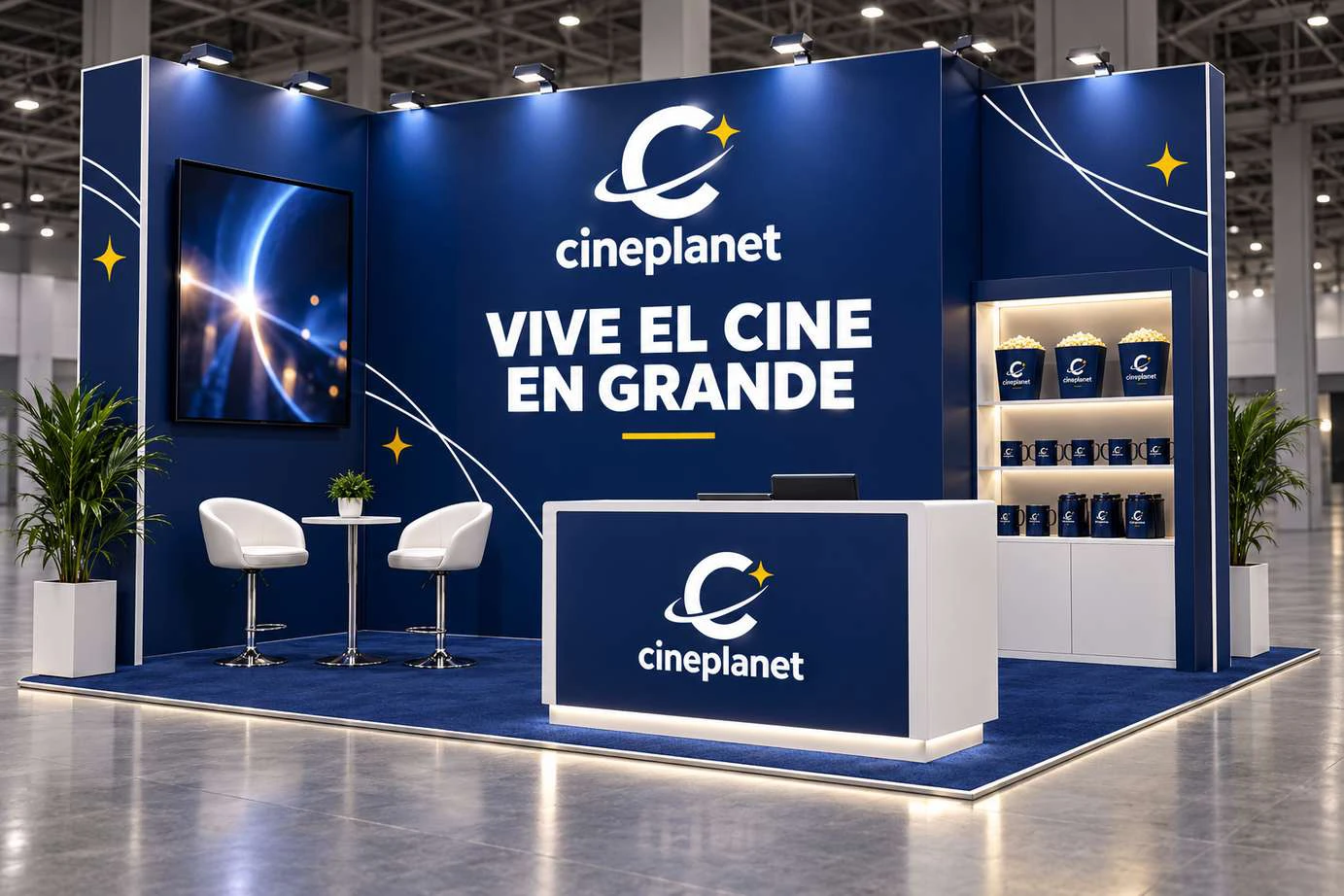 Stand azul Cineplanet con mostrador y exposición de productos